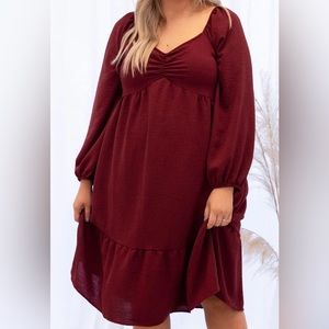 Chicsoul Women’s Plus 3XL Red Wine Dress, Long Sleeves, Smocked Back, Sweetheart